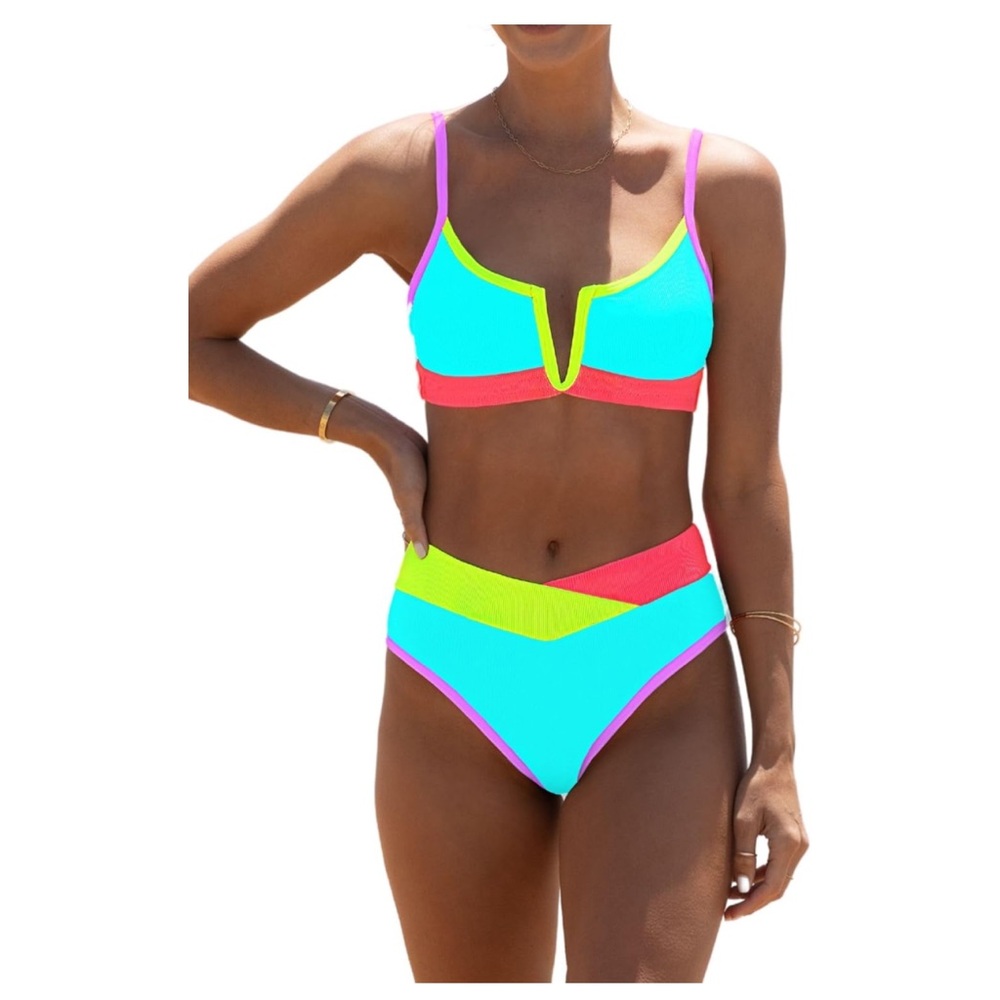 popvil Women's Sexy V Neck Bikini Sets High Waisted Bathing, NWOT